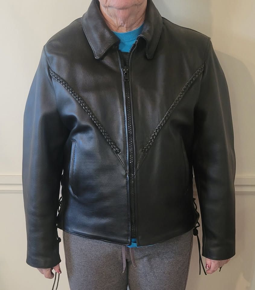 Petite womans leather motorcycle jacket with zip out liner