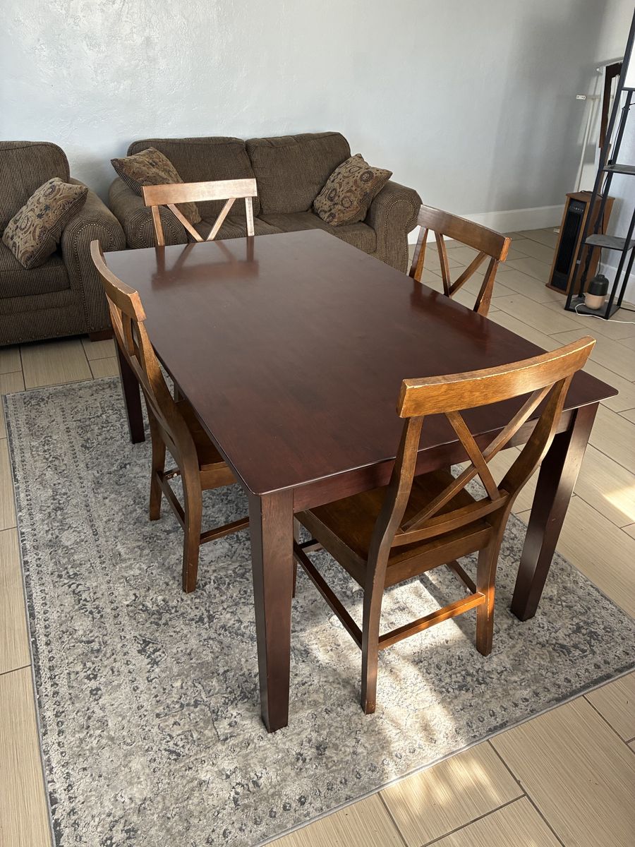 Wood Dining Table with 4 Chairs - Dark Brown Finish, Sturdy Construction