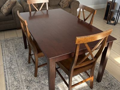 Wood Dining Table with 4 Chairs - Dark Brown Finish, Sturdy Construction