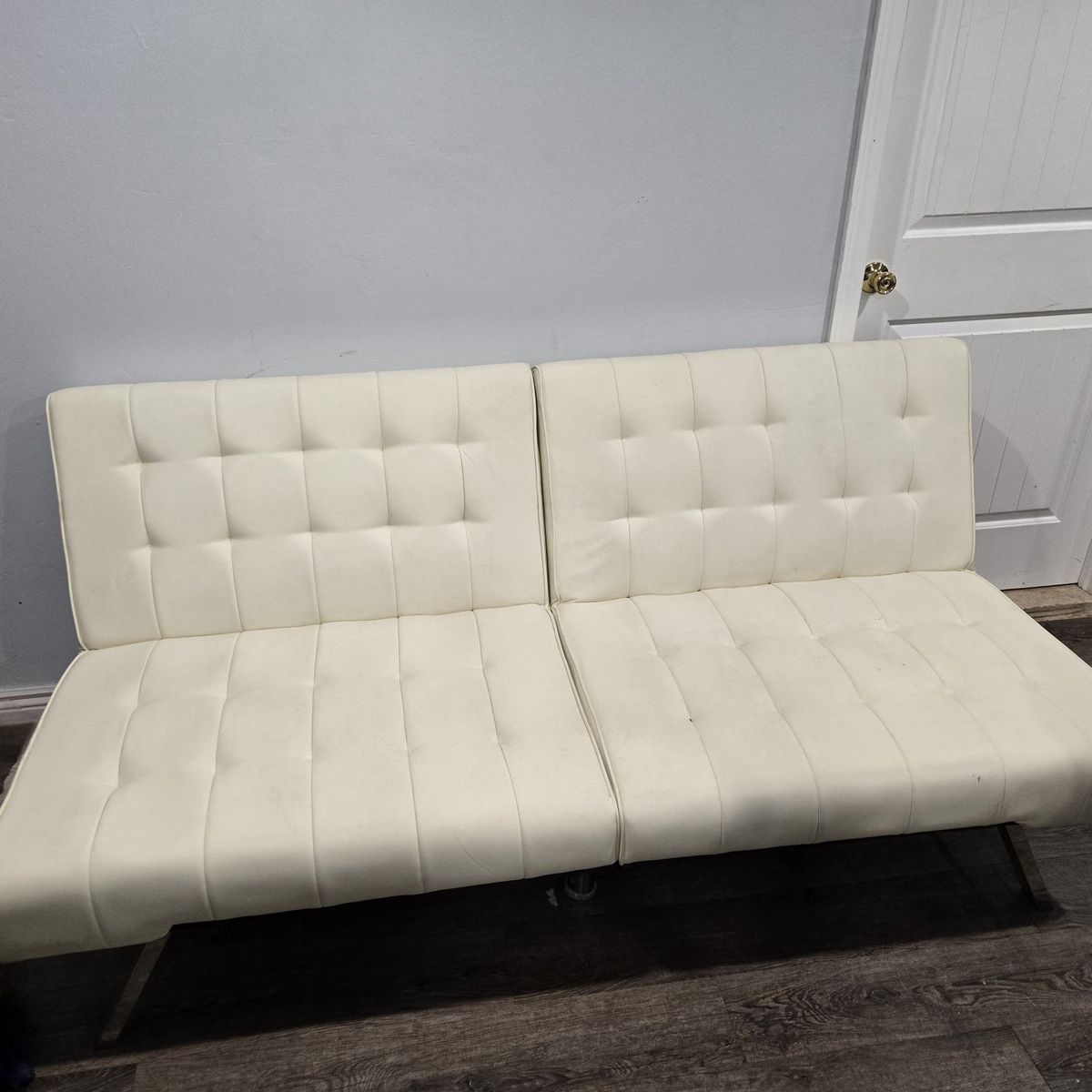 Modern White Faux Leather Futon / Convertible Sof