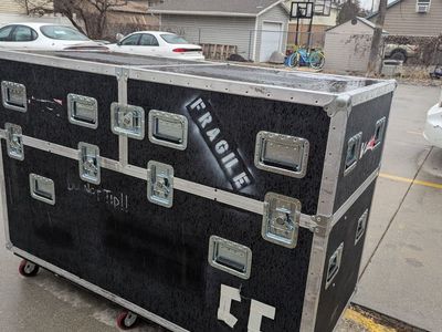 Live music equipment stands, backdrops, rack cases