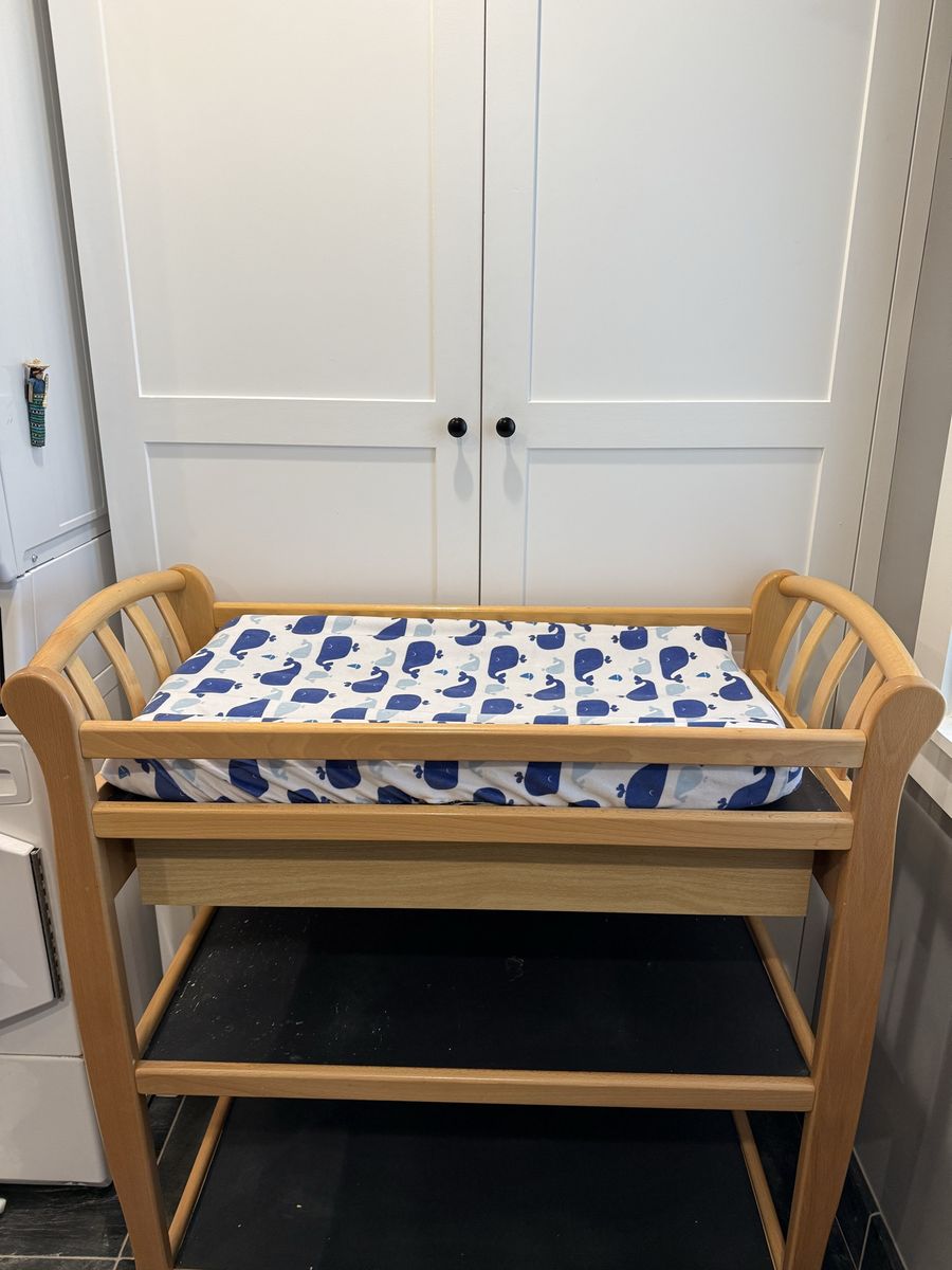 Wood Changing Table w/ pad, covers, diaper bag, and travel changing pad / case