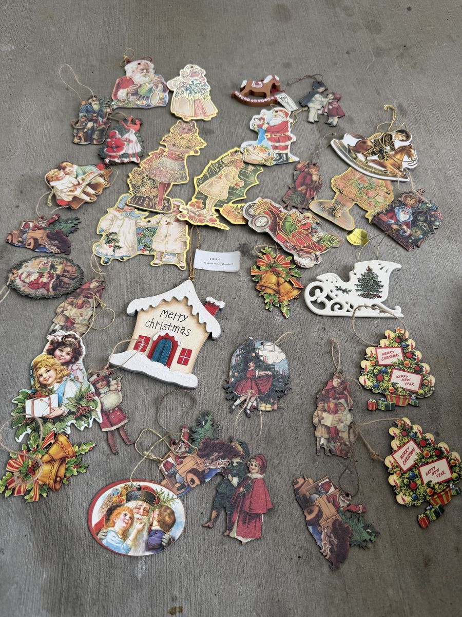 Vintage Style Christmas Holiday Ornaments Paper Wood Cutouts Lot of 30+ Victorian Sleigh Santa 23 piece