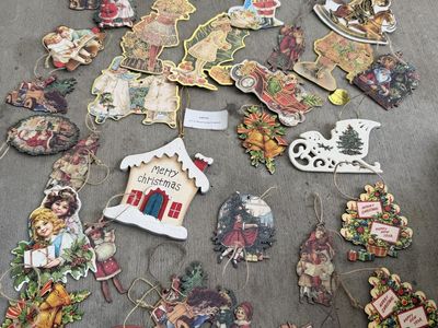 Vintage Style Christmas Holiday Ornaments Paper Wood Cutouts Lot of 30+ Victorian Sleigh Santa 23 piece