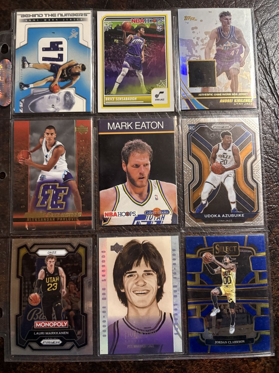Utah Jazz NBA Trading Card Lot - Kirilenko Relic, Sensabaugh RC, Markkanen, Maravich, Hansen, Araujo, Bailey, Sloan. Many RC’s!
