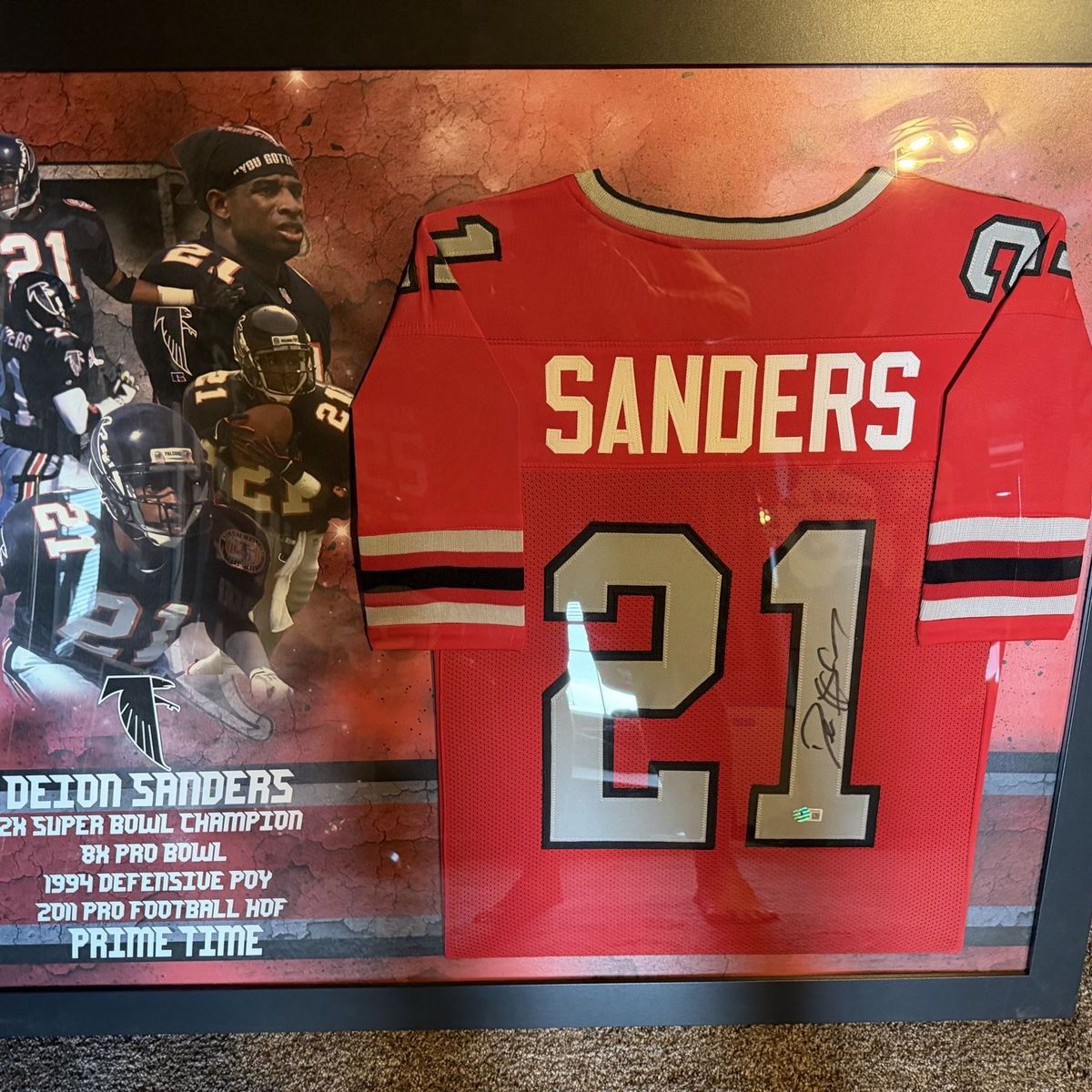 Deion Sanders Autographed Atlanta Falcons Jersey - Framed, Pro Football HOF, 2x Super Bowl Champ