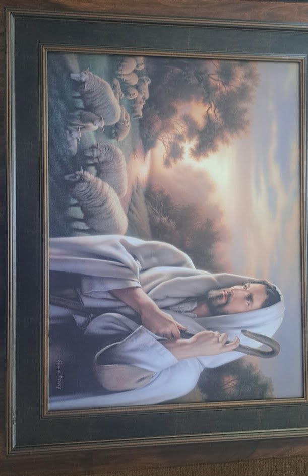 Framed Simon Dewey print of Jesus as the Good Shepherd (28"x21" w/ Frame 35"x28")