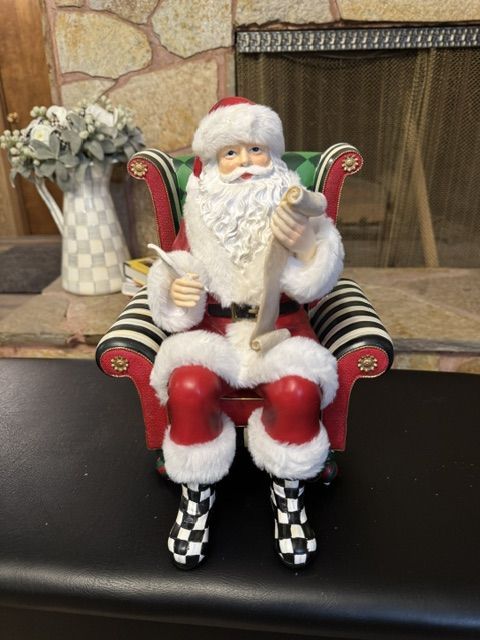 Mackenzie-Childs Wish List Santa Figurine Sitting in Checkered Chair