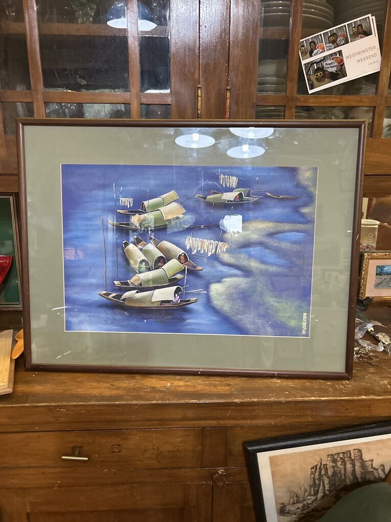 Original Mix Media Painting Of Landscape & Boats