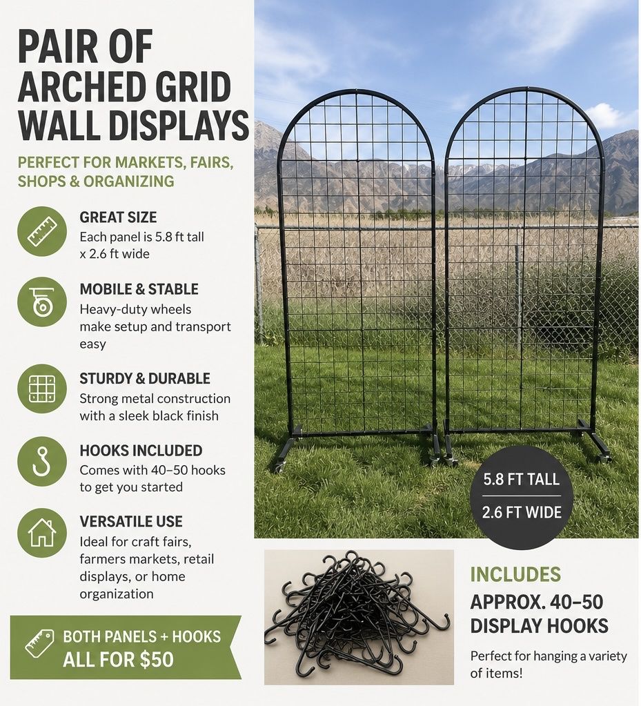 Pair of Arched Grid Wall Display Panels w/ Wheels + 40–50 Hooks