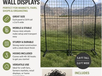 Pair of Arched Grid Wall Display Panels w/ Wheels + 40–50 Hooks