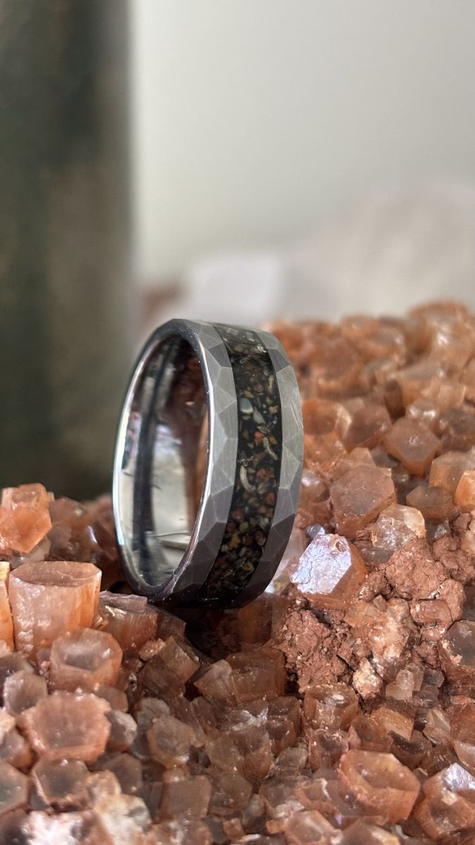 Dinosaur Bone and Meteorite Ring Black Hammered  Tungsten Wedding Ring 10 US