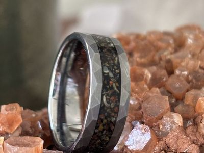 Dinosaur Bone and Meteorite Ring Black Hammered Tungsten Wedding Ring 10 US