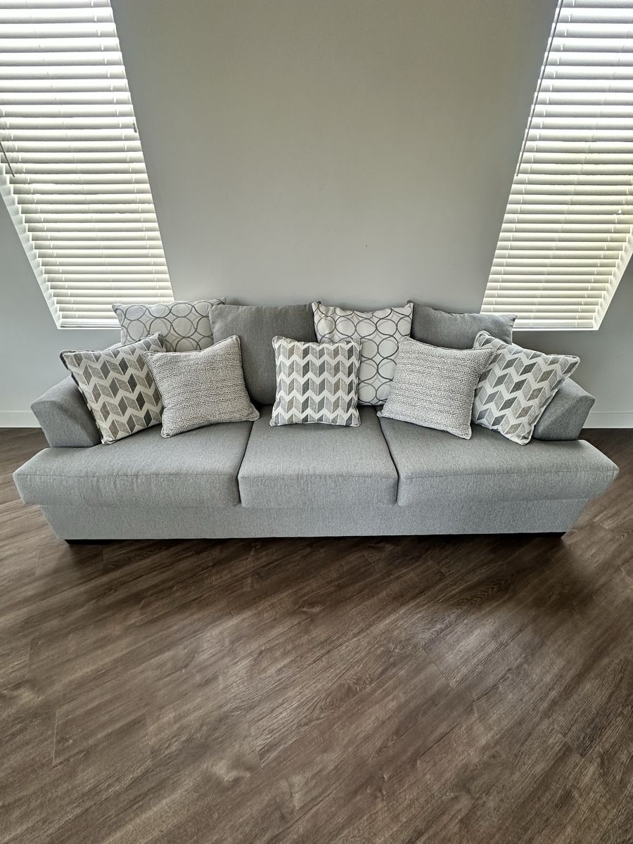 Modern Gray Fabric Sofa with Accent Pillows - Used Good Condition