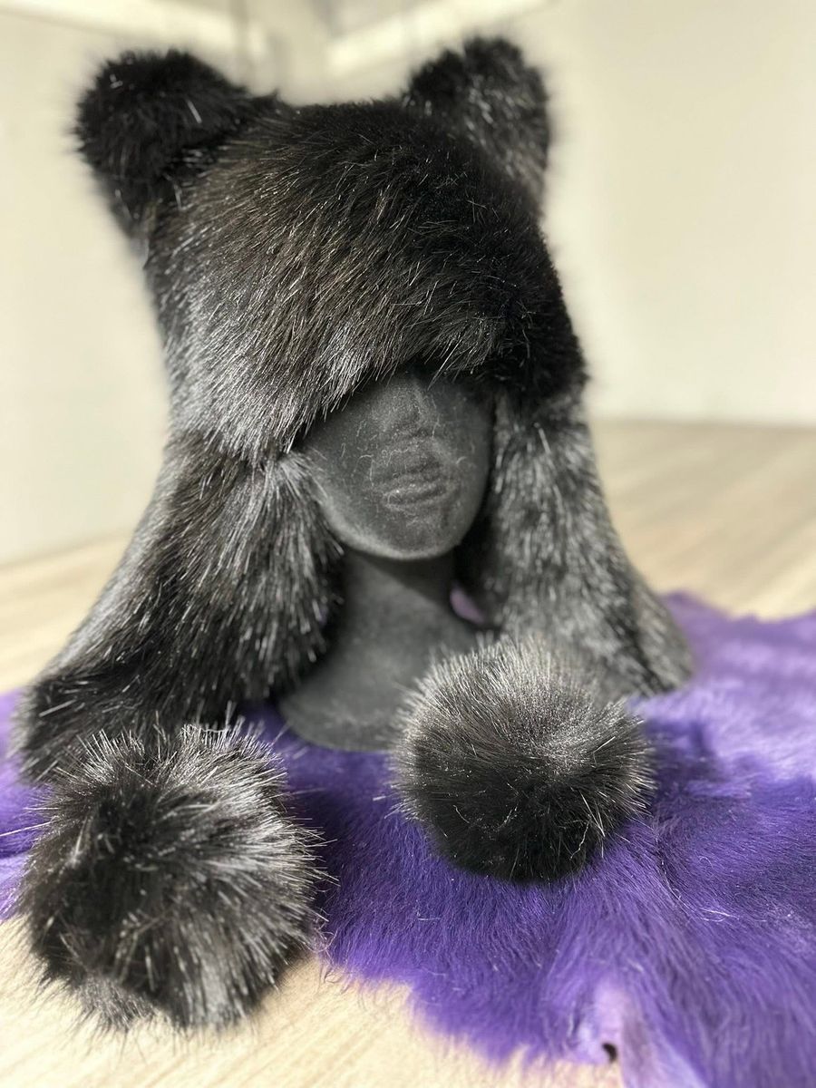 BEARLINE Black Bear Faux Fur Animal Hat with Ears and Pom-Poms