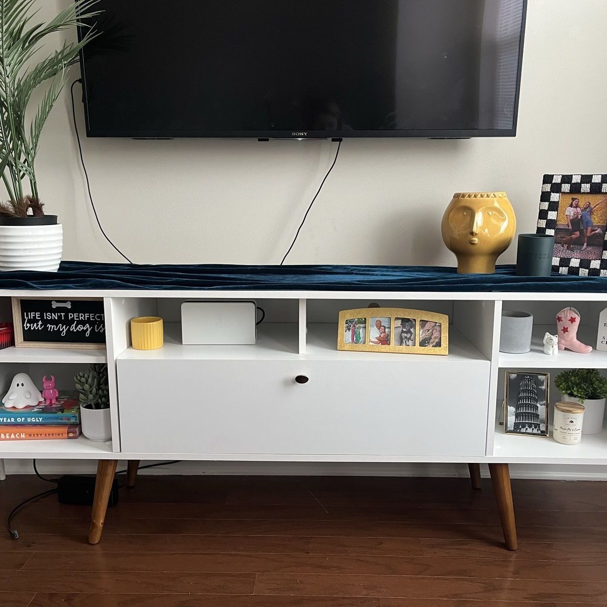White Mid-Century Modern Media Console TV Stand with Storage