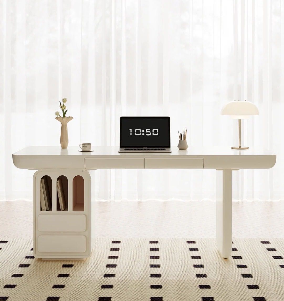 Modern Cream Large Desktop With Drawers