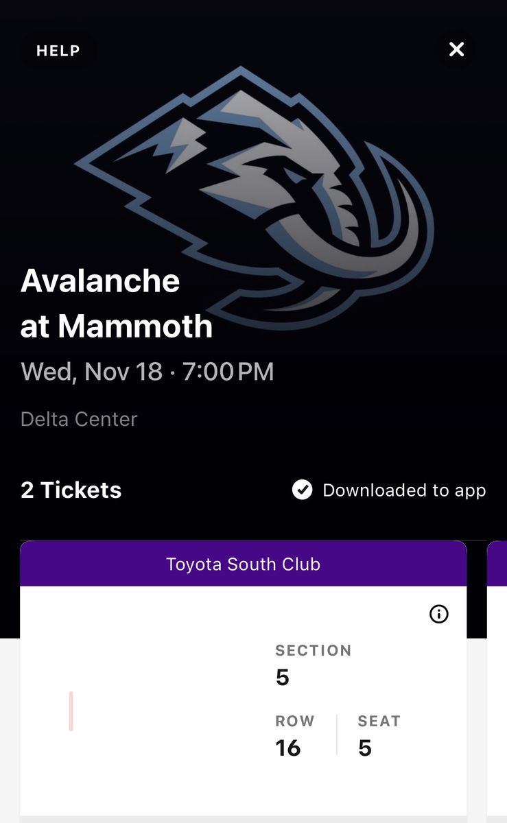 2 Tickets to Avalanche at Mammoth - Delta Center, Wed Nov 18, 7:00 PM, Toyota South Club, Sec 5, Row 16