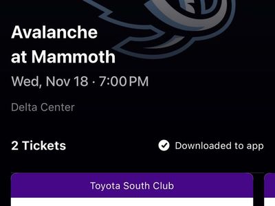 2 Tickets to Avalanche at Mammoth - Delta Center, Wed Nov 18, 7:00 PM, Toyota South Club, Sec 5, Row 16