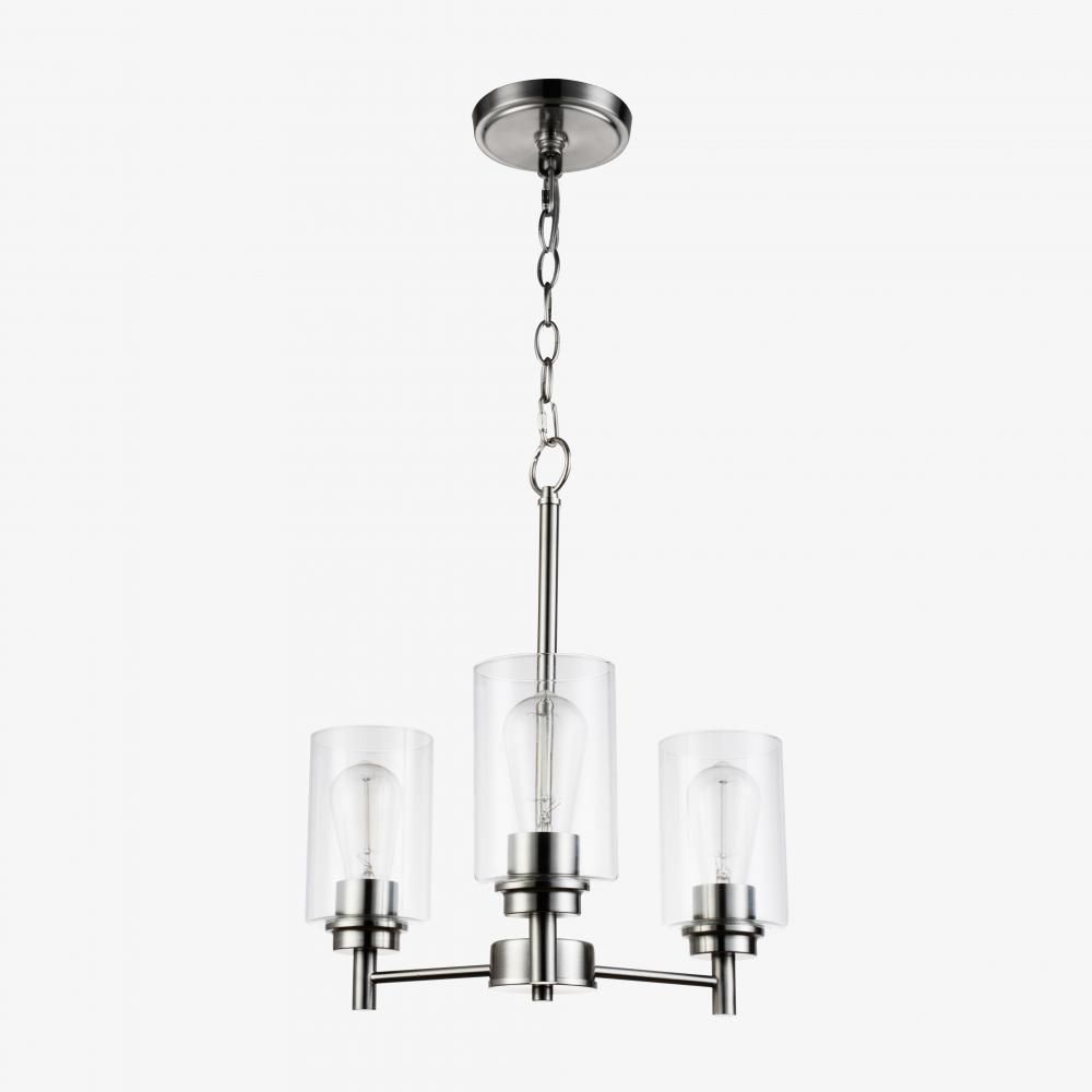 Modern 3 Light Chandelier Nickle Finish Clear Cylinder Glass