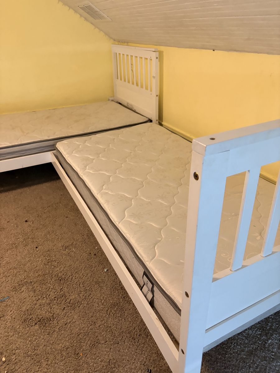 White L-Shaped Double Twin Bed Frame for Kids - Mattresses Optional