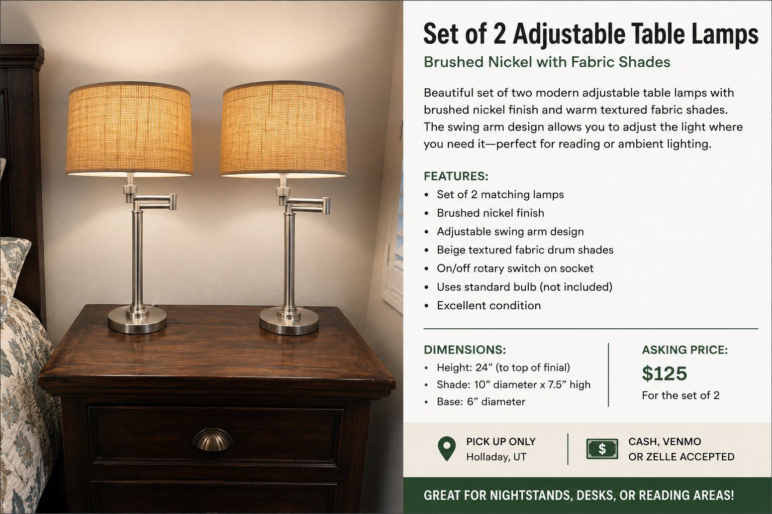 Set of 2 Modern Adjustable Table Lamps - Brushed Nickel with Beige Fabric Shades, 24" Tall