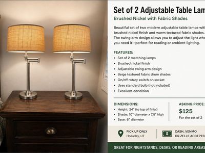 Set of 2 Modern Adjustable Table Lamps - Brushed Nickel with Beige Fabric Shades, 24" Tall