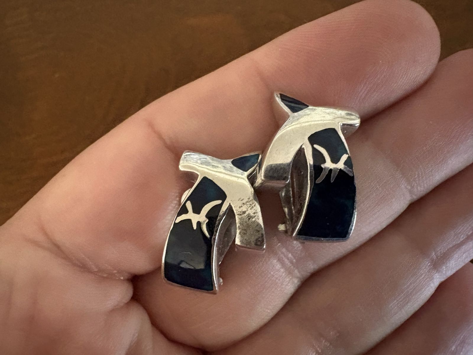 Vintage Sterling Silver Earrings W/ Dark Blue Inlay