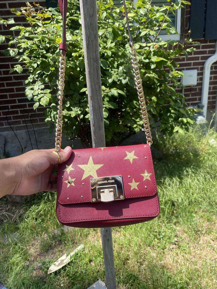 Michael Kors Ruby Red & Gold Star Crossbody Bag - Small, Saffiano Leather, Chain Strap