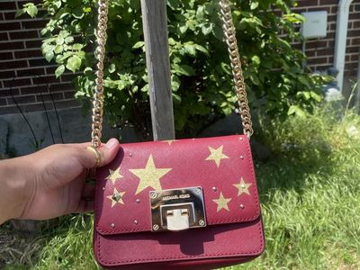 Michael Kors Ruby Red & Gold Star Crossbody Bag - Small, Saffiano Leather, Chain Strap