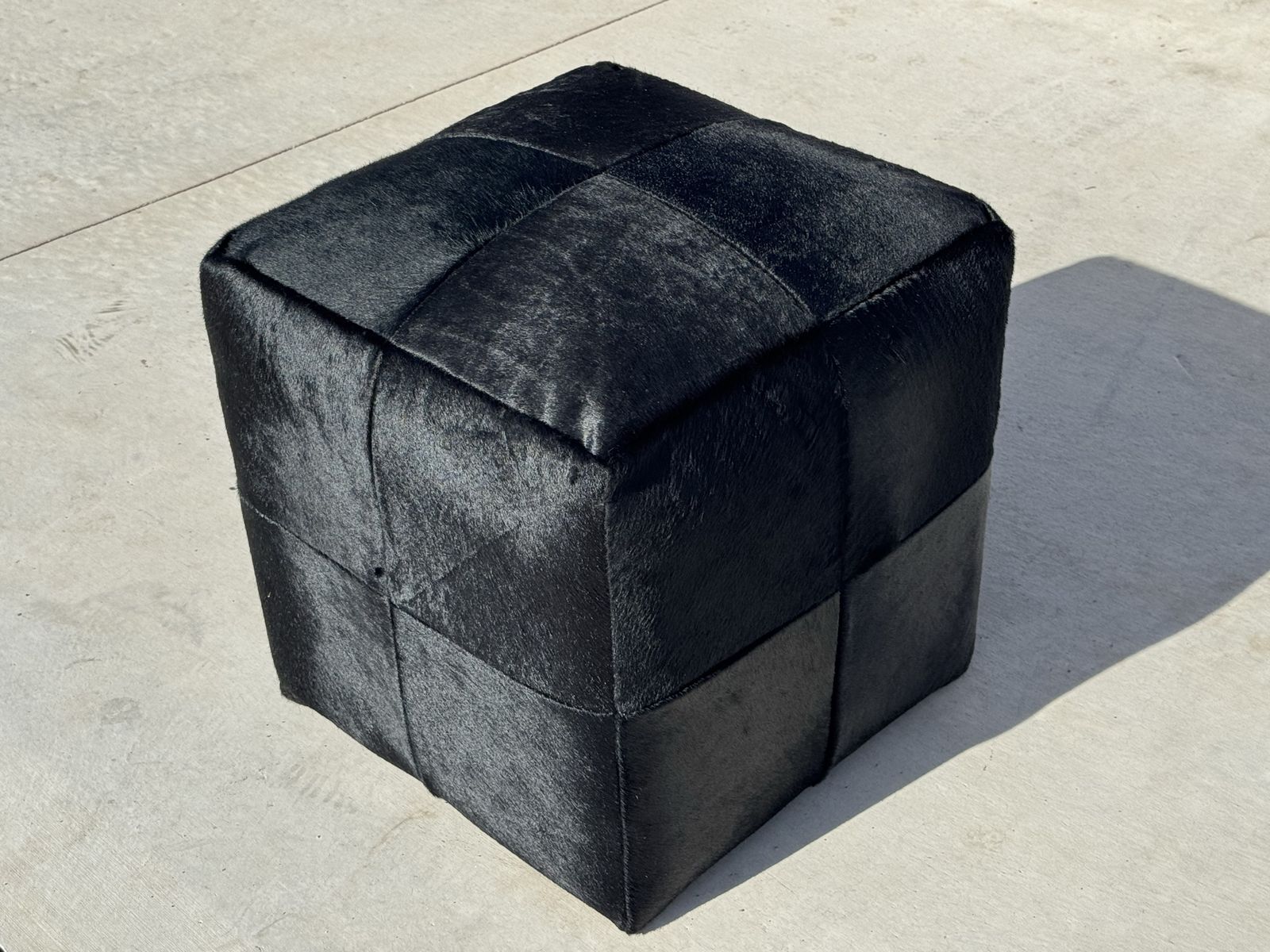 Black Cowhide Cube Ottoman Real Hair On Hide Foot