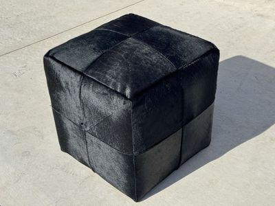 Black Cowhide Cube Ottoman Real Hair On Hide Foot