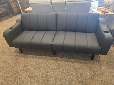 Futon Sofa Bed, Black Faux Leather Convertible Couch with Cupholders, Modern Design