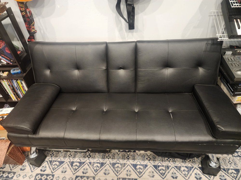 Modern Black Faux Leather Convertible Futon Sofa Bed with Chrome Legs