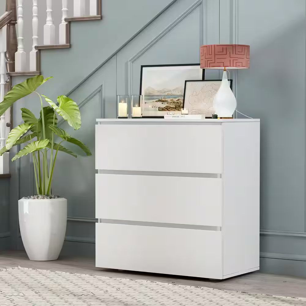 3-Drawer White Wood Chest: 30x32x16 Bedside Table