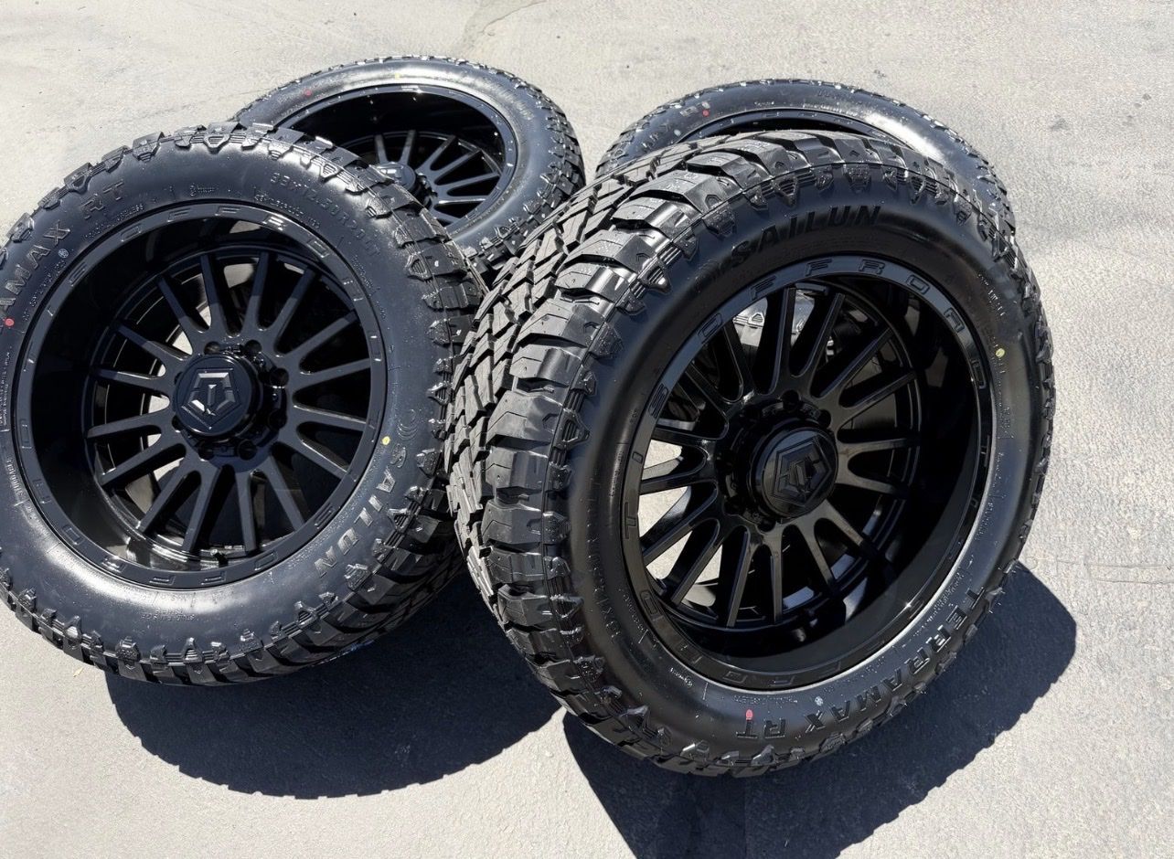 New 33x12.50r20 Terramax RT TIS 567B Black 8x180 Chevy Silverado 2500 3500 GMC Sierra Duramax 2011+ 8 lug wheels and tires