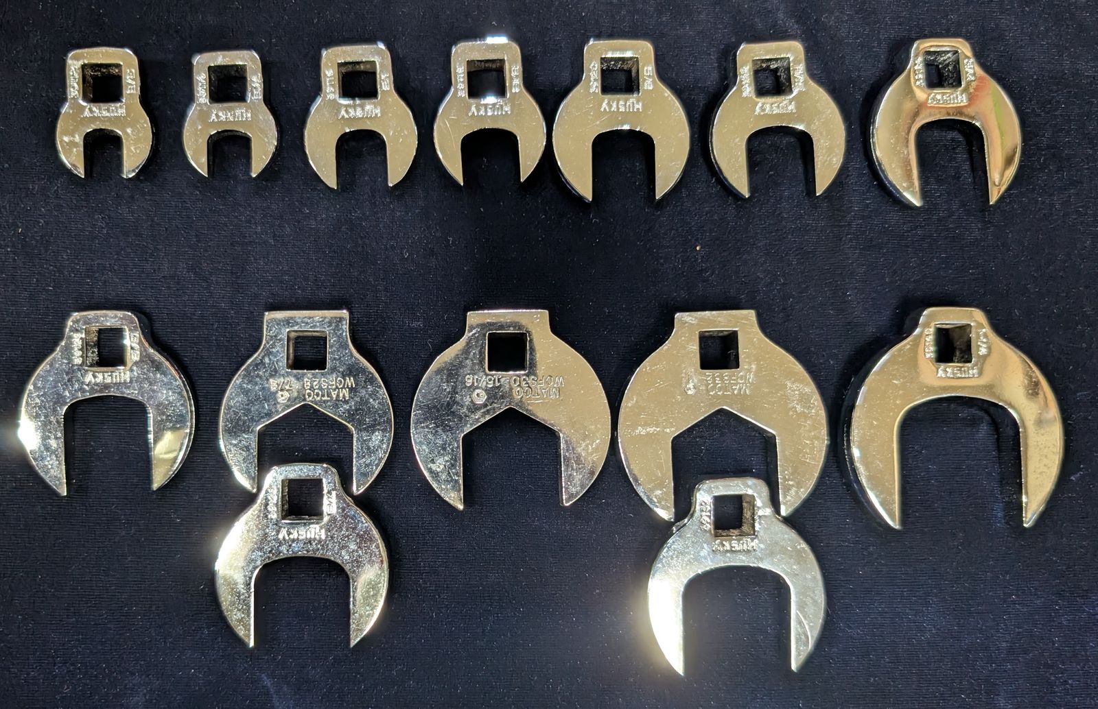 Matco crowfoot wrenches, 1-1/4-in to 3/8-in.  14 pieces total (including 2 Husky parts).