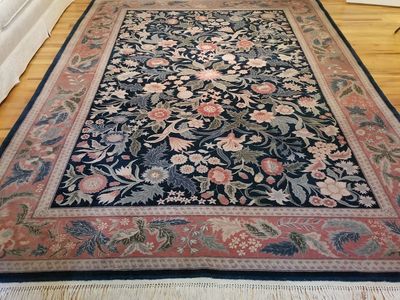 Vintage Wool Oriental Rug: 6’.5” x 9’ 7.5”, Hand Knotted, Beautiful & Rare English Floral Garden