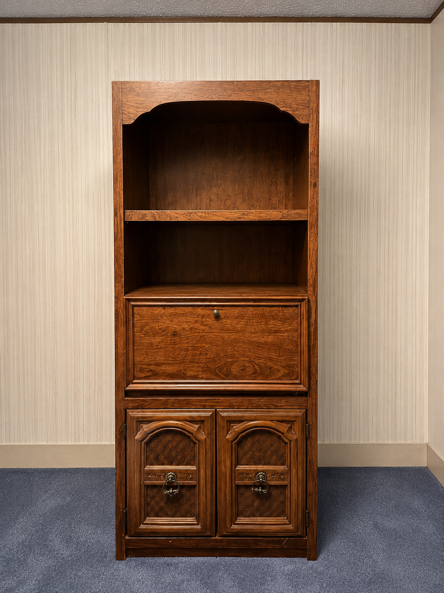 1970s combination bookcase and drop-front bureau secretary desk designed in the Mediterranean / Spanish Revival style