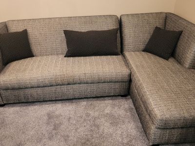 Home Wear Gray/Black Patterned Sectional Sofa with Chaise Lounge - Used, Good Condition