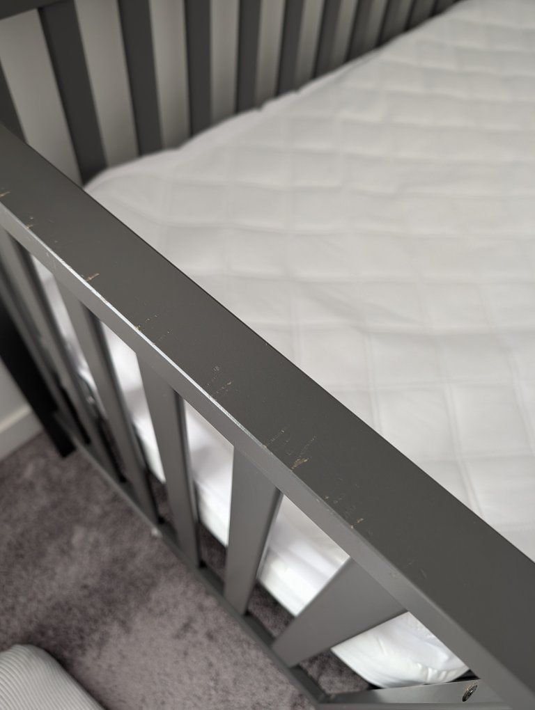 Dark Gray Wood Baby Crib with Mattress - Minor Wear, Sturdy Design