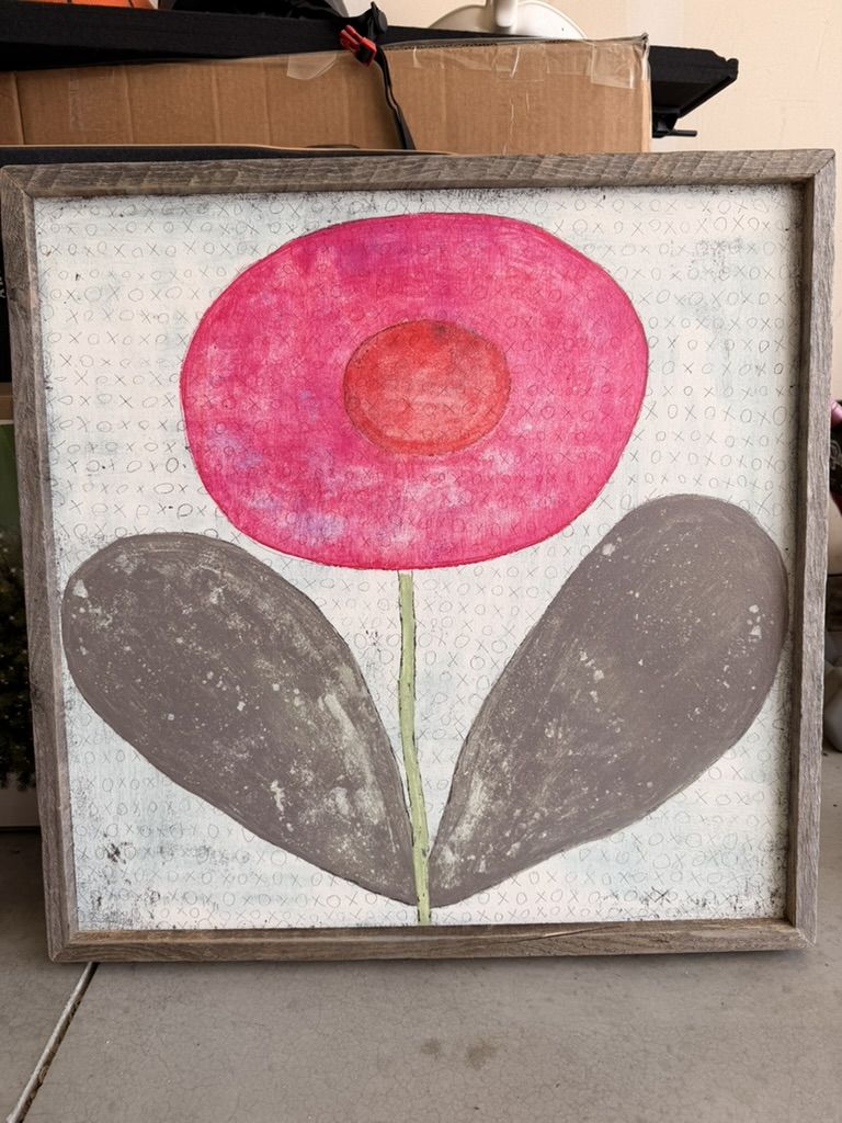 Sugarboo Abstract Floral Wall Art Decor - Pink Flower with Rustic Wood Frame