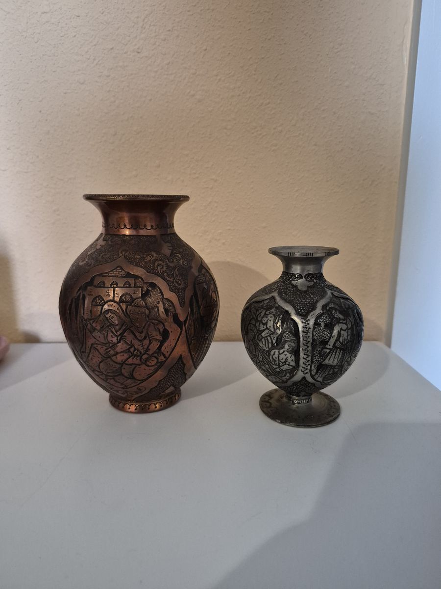 Vintage Etched Metal Vases - Set of 2 Copper & Silver Tone Decorative Vessels