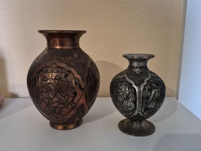 Vintage Etched Metal Vases - Set of 2 Copper & Silver Tone Decorative Vessels