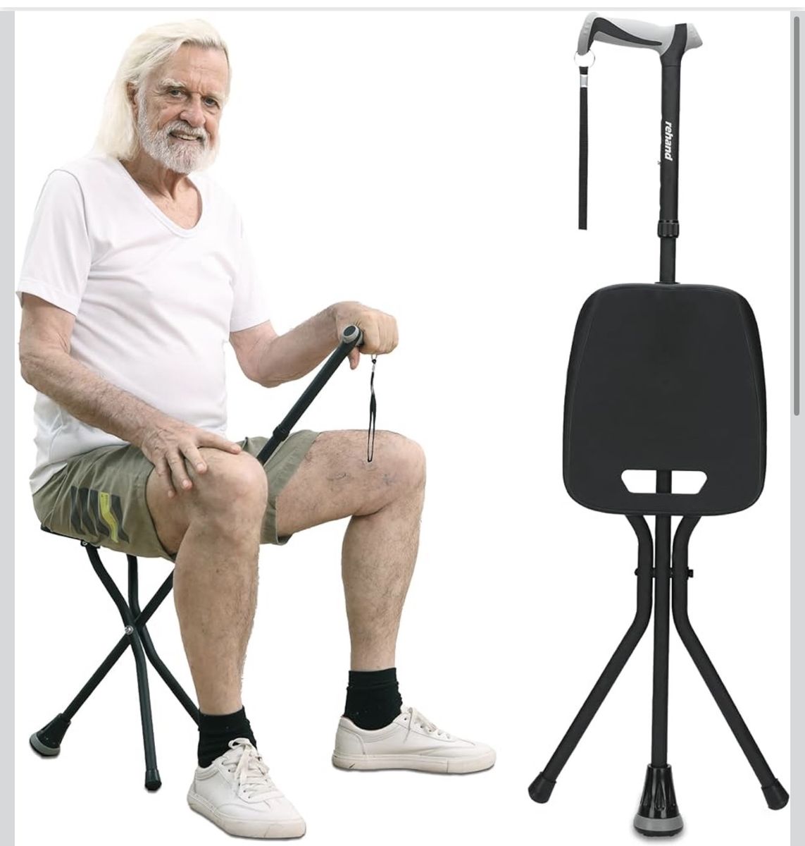 Rehand 2-in-1 Folding Walking Cane with Integrated Portable Seat for Mobility Support