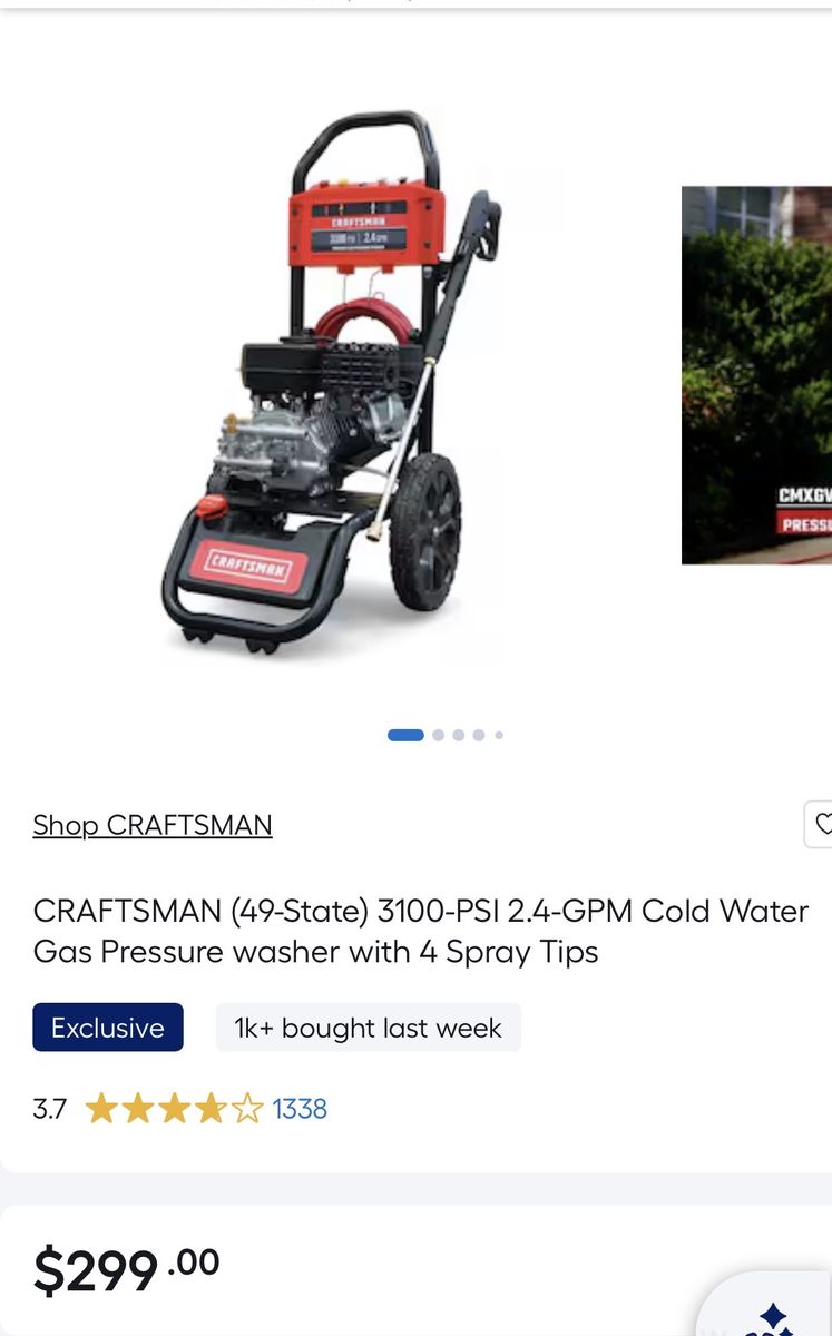 Craftsman CMXGWFNG1294 3100 PSI 2.4 GPM Cold Water Gas Pressure Washer w/ 4 Spray Tips