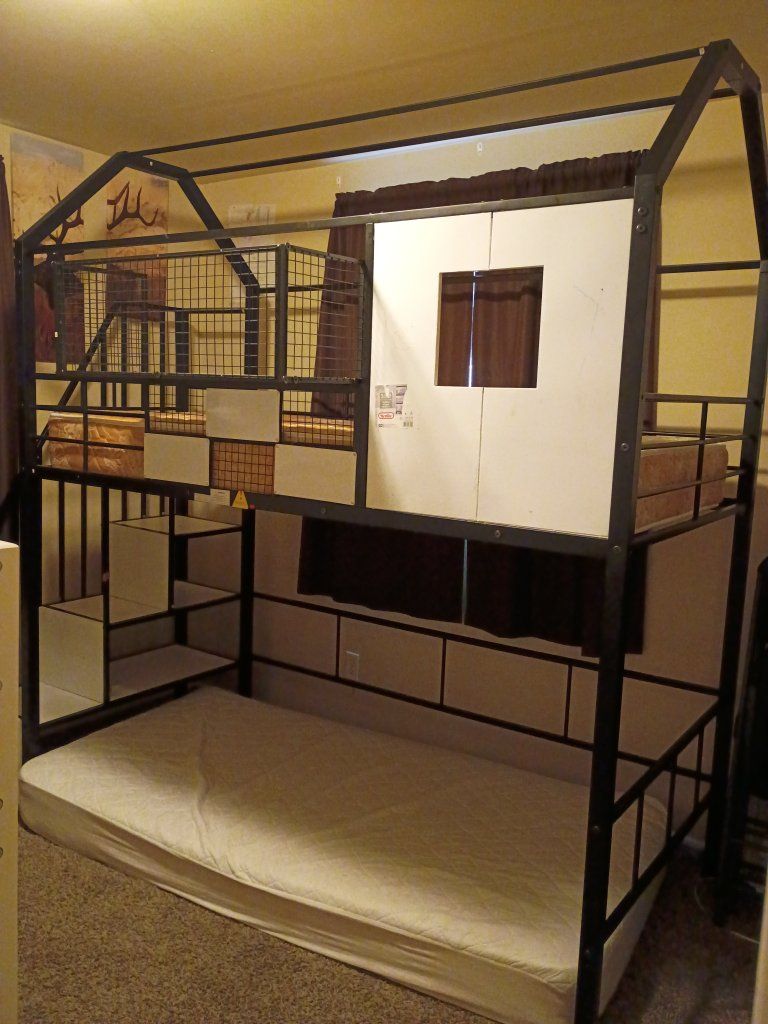 Metal Loft Bunk Bed Frame with Built-in Stairs and Playhouse Upper Section