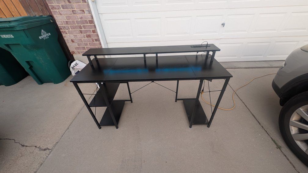 Black Computer Desk with Monitor Shelf and Built-in Power Outlets & USB Ports