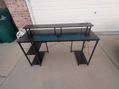 Black Computer Desk with Monitor Shelf and Built-in Power Outlets & USB Ports