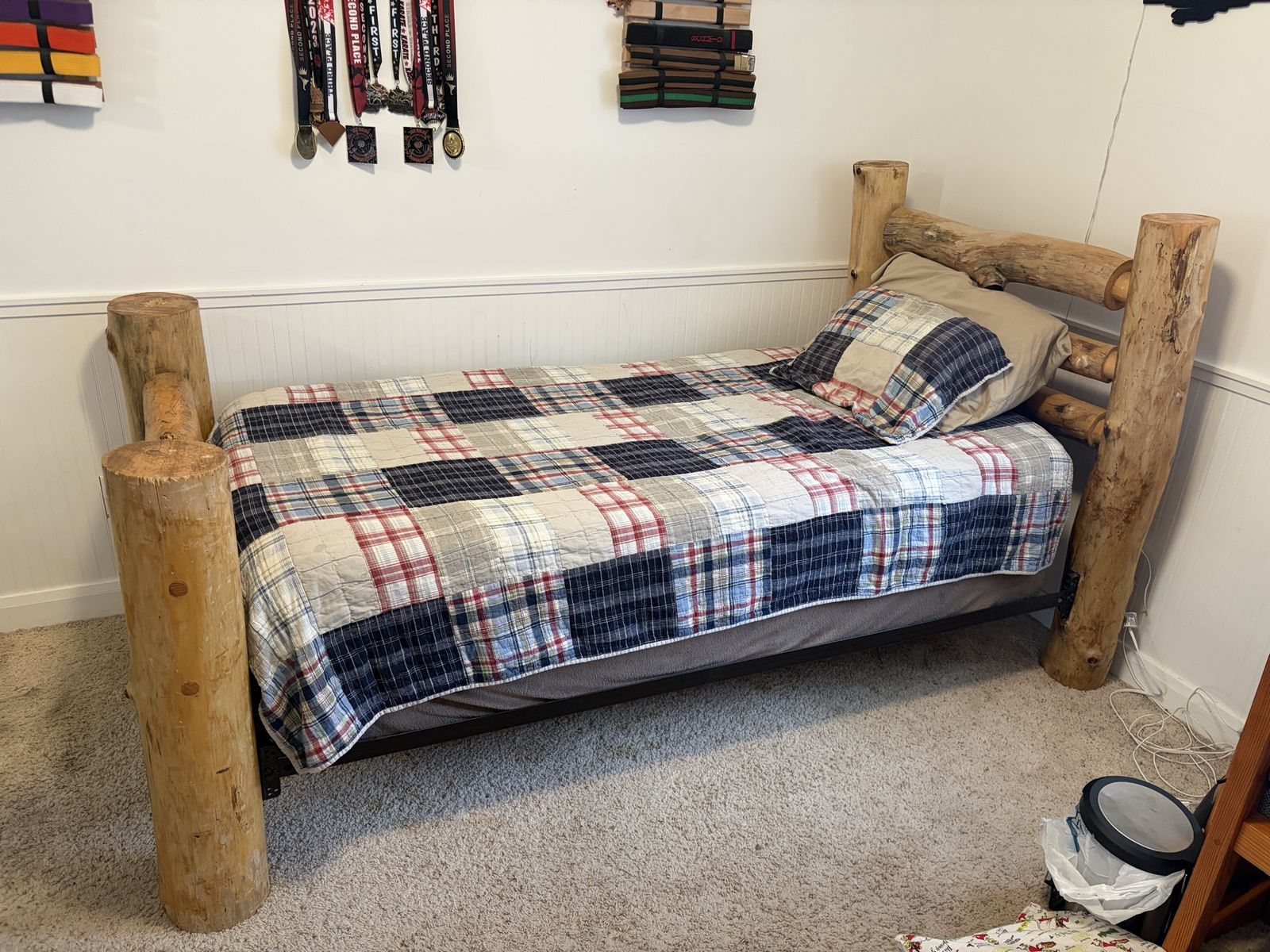 Twin size log bed and mattress set